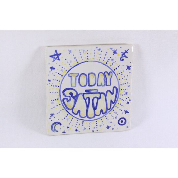 Today Satan Rude Studio Pottery Tile, Hand Made funny plant trivet surface cover - Picture 6 of 10